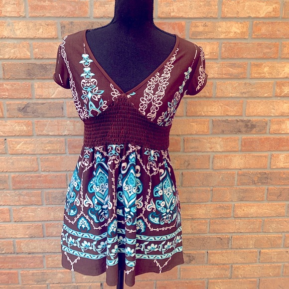 Judy Knapp Brown/Turquoise Blouse (M) with Elastic Bodice and Capped Sleeves - Picture 1 of 6